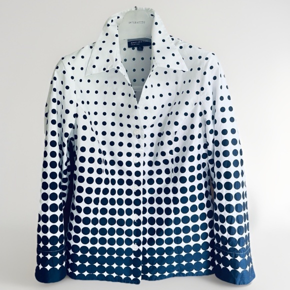 Jones New York M Navy Blue & White Polka Dot Print Button Down Blouse 3/4 Sleeve - Picture 1 of 11